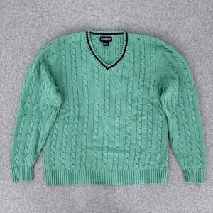 VTG Lands End Sweater Mens Large Green Cable Knit Tennis V-Neck Made Japan 90s